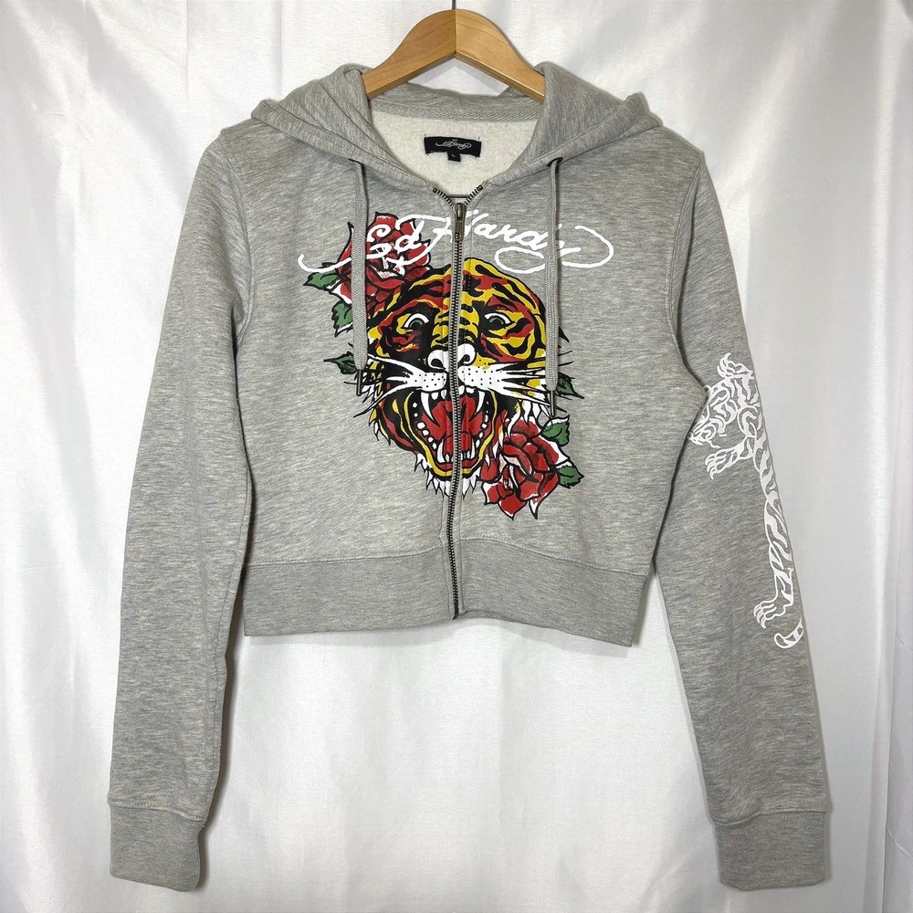 Ed Hardy Vintage Gray Tiger Rose Graphic Cropped Zip Up Hoodie EHWS1014-1 L